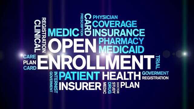 Open Enrollment animated word cloud;text design animation tag kinetic typography seamless loop.