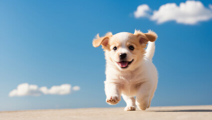 AI 파란하늘 배경에 시골길을 달리는 귀여운 강아지