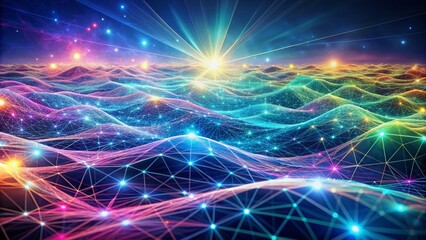 Fototapeta premium Vibrant pastel hues envelop a mesmerizing network of interconnected waves and lines, symbolizing the vast, intricate expanse of cyberspace and data transfer in the digital realm.