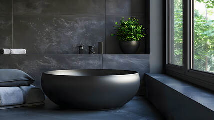 Stylish black vessel sink and faucet on wooden countertop. Interior design of modern bathroom