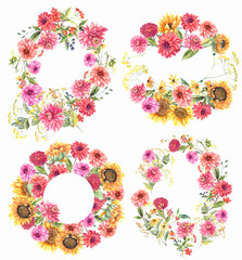Dahlia, sunflowers  floral watercolor frame,wreith clipart. Autumn summer pink  flowers. Digital paper print. Hand draw illustration.