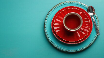 A red teacup and saucer sit on a blue plate against a turquoise background.