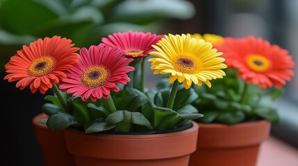 Close-up of vibrant red, orange, and yellow Gerbera daisies blooming in terracotta pots, with a blurred green background