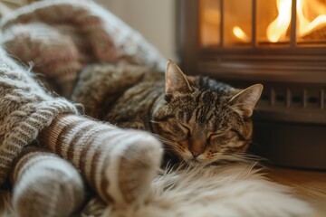 Person with cozy socks snuggles by the fire with a sleeping cat, creating a warm and comforting winter scene.