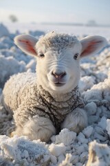 Close-up of a cute lamb lying in a snowy field, surrounded by soft snow, showcasing winter farm life and animal warmth.