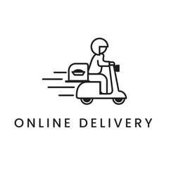Motorcycle Online Food Delivery Services. Online Food Order. Outline Minimalist Symbol Icon. a Courie guy riding motorcycle bring parcel or food and drink in box to deliver for Customer.