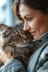 Close-up of a woman affectionately holding her fluffy tabby cat, highlighting a loving bond between pet and owner in a peaceful moment.


