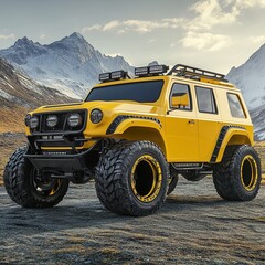 Powerful yellow tuned SUV for expeditions in mountains, swamps, desert and any rough terrain. Big wheels, lift suspension for steep obstacles. 3d rendering.