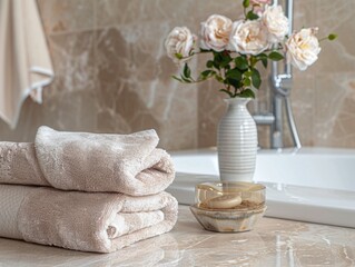 Luxurious bathroom scene featuring neatly folded towels, a vase of roses, and a soap dish on a marble countertop, evoking relaxation and comfort.

