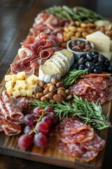 An exquisitely arranged charcuterie board featuring a selection of cured meats, artisan cheeses, nuts, and fresh fruit, perfect for sophisticated gatherings