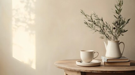Cozy Scandinavian breakfast scene with a cup of coffee, tea, and olive branches in a beige vase. Wooden table, books, and an empty beige wall create a minimalist home design aesthetic.