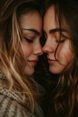 A tender close-up of two women with foreheads touching, expressing love, affection, and emotional connection in soft lighting.