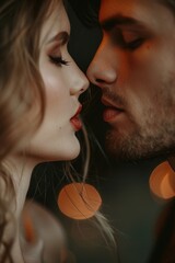 A passionate close-up of a couple about to kiss, lit by soft, warm light, evoking deep romance and intimacy.