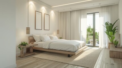 Fototapeta premium Bedroom with double bed, white light interior design