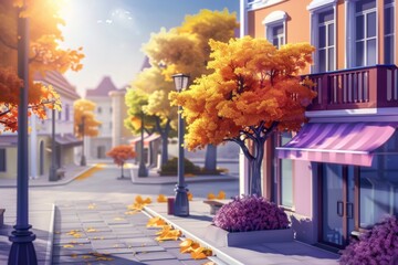 Autumn in urban city landscape illustration, houses, shops and trees , soft light