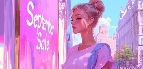 Stylish young woman looking at a September Sale sign on a sunny city street