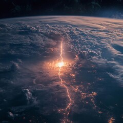 Lightning bolt striking earth during thunder storm captured in camera