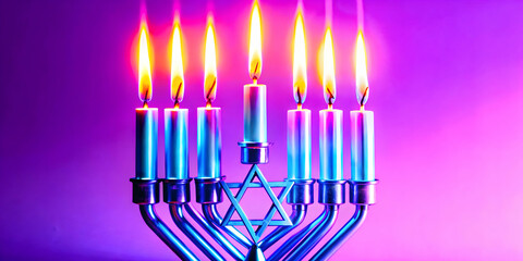 Fototapeta premium Macro Shot of Futuristic Hanukkah Candle with LED Wick Glowing in Bright Neon Colors - Modern Twist on Traditional Holiday Symbol