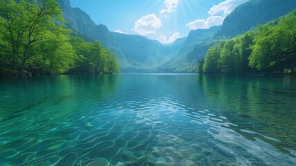 Beautiful summer view of a lake with crystal-clear turquoise waters, bordered by lush green forests. Generative AI
