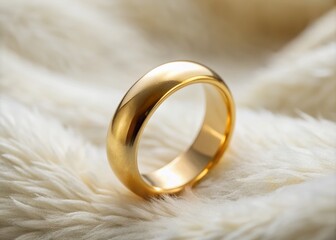 A solitary, elegant, round gold ring sits atop a soft, white, velvet background, its subtle sheen and precise detailing evoking luxury and refinement.