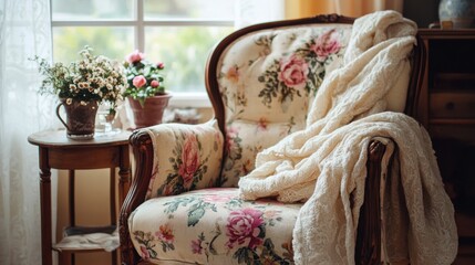 rustic wooden furniture and delicate flower patterns create a vintage floral decor, embracing a shabby chic concept for a cozy home