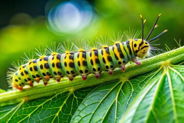 A curious, fuzzy, bright green caterpillar with vibrant yellow stripes and tiny legs explores a lush, verdant leaf