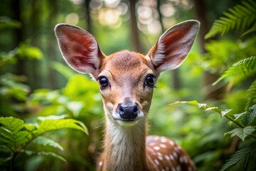 A curious fawn with large brown eyes and delicate features stands amidst a lush forest, its gentle gaze