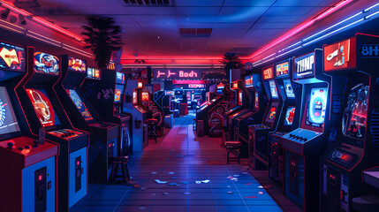 Nostalgic 80s arcade video games in pixel art minimal surrounded by retro futuristic aesthetics