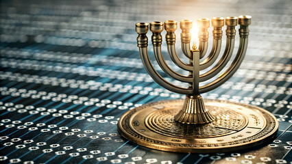 Fototapeta premium Flat Close-Up of Hanukkah Gelt Featuring Intricate Binary Code Etched into Gold Surface - Blending Tradition and Technology in a Macro Shot