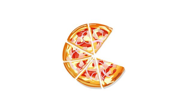 Pizza Tonno e Cippola loop animation suitable for food ordering app with disappearing and appearing slices. Abstract 4K video motion graphic isolated over white background.