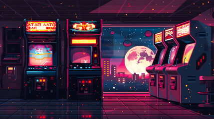 Nostalgic 80s arcade video games in pixel art minimal surrounded by retro futuristic aesthetics