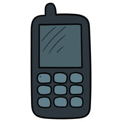 Hand drawn cartoon old mobile phone with antenna on white background.