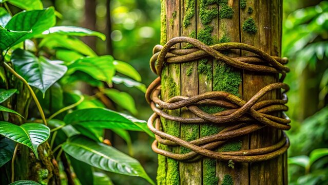 A delicate, curly, and intricately patterned type of tropical vine, known as Bejuco, wraps around a rustic wooden