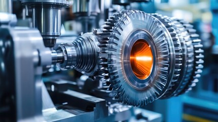 Fototapeta premium Detailed view of interlocking metallic gears in motion, showcasing the complexity and precision of mechanical engineering and machinery