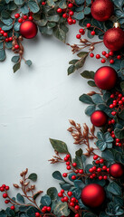A Christmas wreath with red and green leaves and red and gold balls