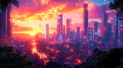 Obraz premium Futuristic cityscape at sunset with glowing skyscrapers, vibrant neon lights, and river running through lush greenery
