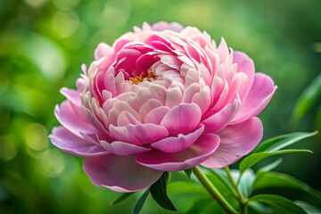 A delicate, velvety pink peony bloom unfurls its lush petals, showcasing intricate details and soft, gentle curves