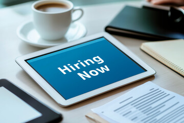Tablet displaying "Hiring Now" on desk with office supplies and cup of coffee, representing job recruitment, online hiring