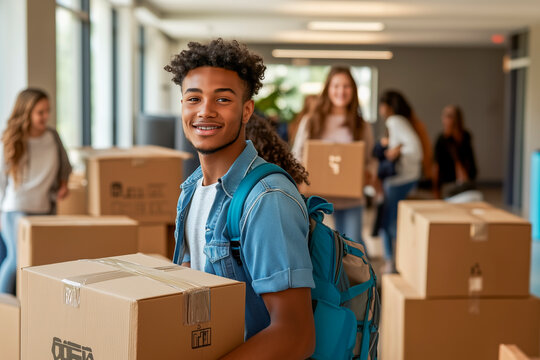 Young man with backpack carrying moving box, smiling, surrounded by other students during relocation or moving-in day, Concept fresh start, teamwork, and student life
