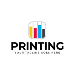 Printing company logo design with color ink tank graphics illustration with cyan, magenta, yellow, and black color.