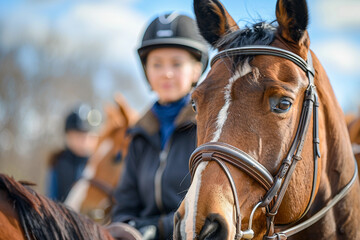 Generative AI photo image of person who ride horse, equestrian professional sport profession