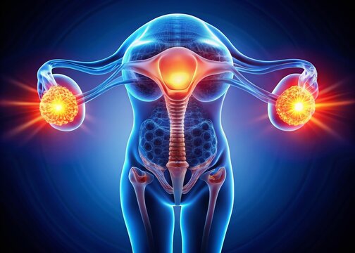 A detailed 3D medical illustration of the female reproductive system showing inflamed ovaries, highlighting the painful