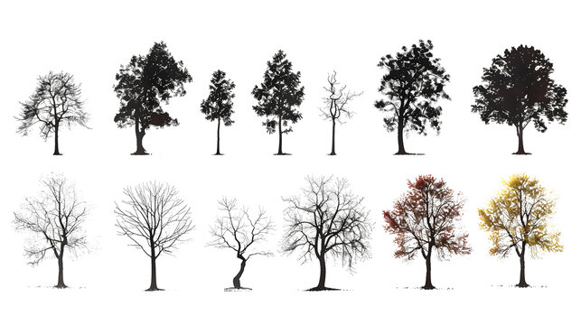 various deciduous trees silhouettes on the white background
