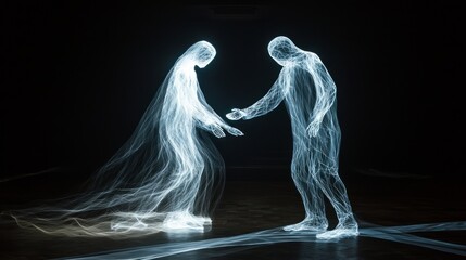 Naklejka premium Illuminated Connection - Abstract Figures of Light Reaching Out in Dark Background Symbolizing Online Love