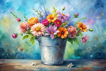 Fototapeta premium Vibrant watercolor illustration of a rustic tin bucket overflowing with colorful flowers against a soft, gradient blue background with delicate brushstrokes.