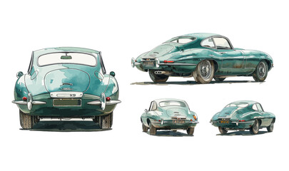 Watercolor painting Retro car Jaguar E-Type. Isolated white background. Various views, vector illustration