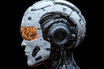 Fototapeta premium Robotic humanoid figure with exposed neural circuits representing the integration of human cognitive processes with advanced AI technologies in a conceptual landscape