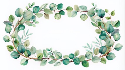 Delicate watercolor frame adorned with eucalyptus twigs and lush greenery, perfect for adding a touch of whimsical elegance to any design or composition.