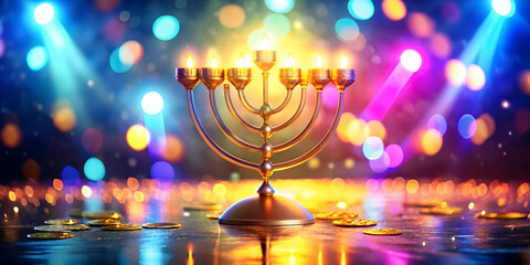 Glowing Hanukkah Gelt Floating in Abstract Digital Space: Festive Visuals with Vibrant Colors for Modern Ecommerce Banners