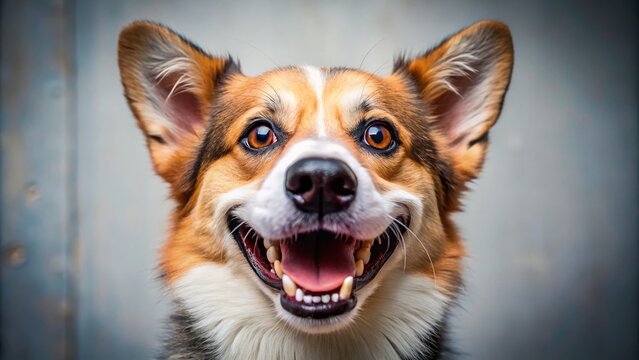 Adorable canine flashes a goofy, toothy grin, its mouth filled with oversized, human-like teeth, creating a humorous